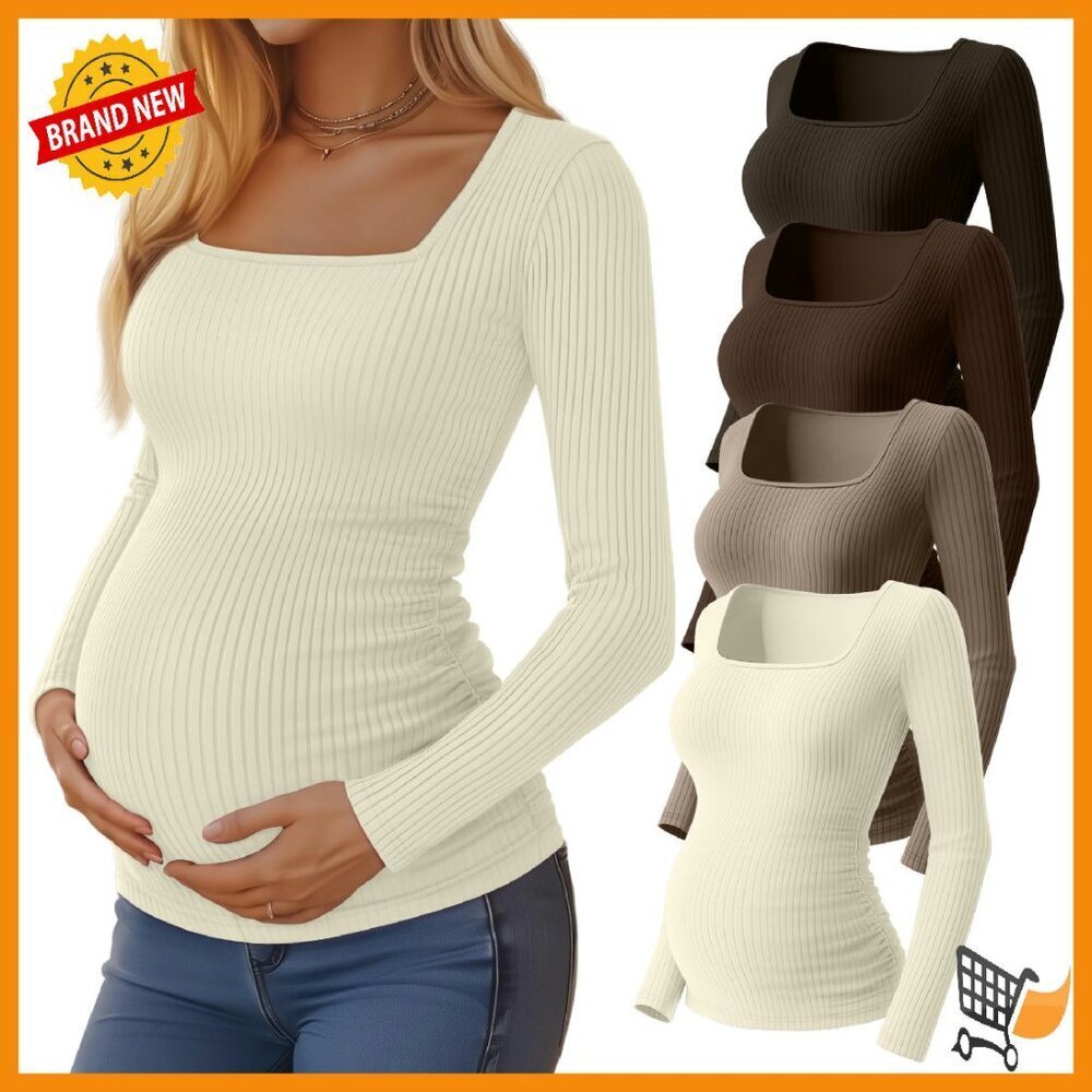 Maternity Long Sleeve Ribbed Cotton Tunic Tops Side Ruched 4 Pack
